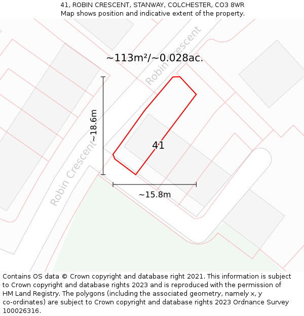 41, ROBIN CRESCENT, STANWAY, COLCHESTER, CO3 8WR: Plot and title map