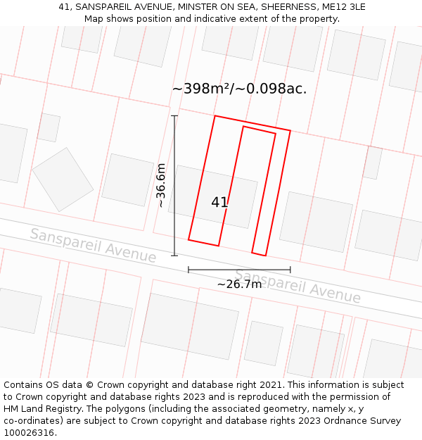 41, SANSPAREIL AVENUE, MINSTER ON SEA, SHEERNESS, ME12 3LE: Plot and title map