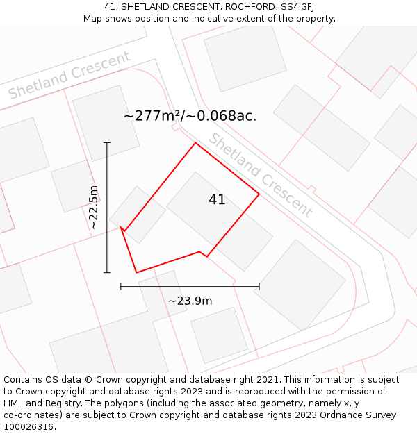 41, SHETLAND CRESCENT, ROCHFORD, SS4 3FJ: Plot and title map