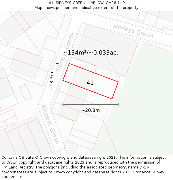 41, SIBNEYS GREEN, HARLOW, CM18 7HP: Plot and title map