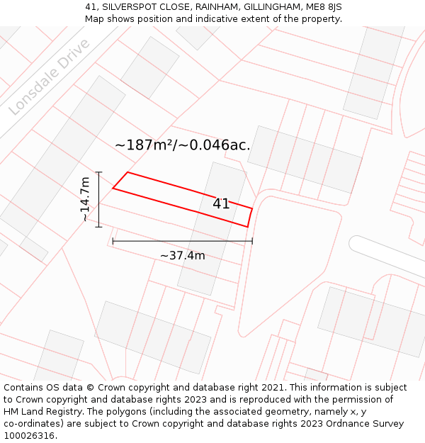 41, SILVERSPOT CLOSE, RAINHAM, GILLINGHAM, ME8 8JS: Plot and title map