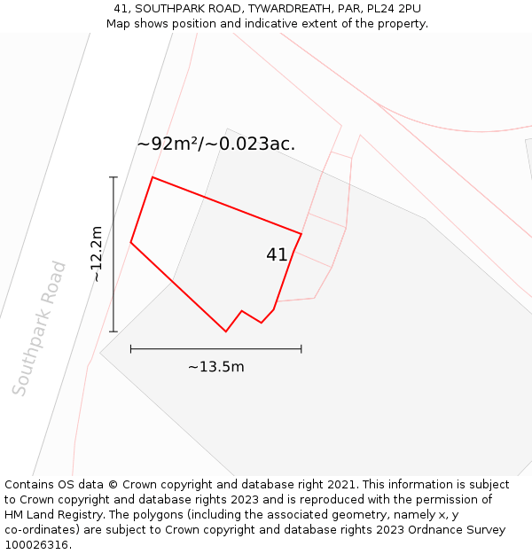 41, SOUTHPARK ROAD, TYWARDREATH, PAR, PL24 2PU: Plot and title map
