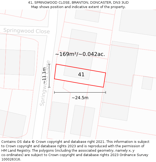 41, SPRINGWOOD CLOSE, BRANTON, DONCASTER, DN3 3UD: Plot and title map