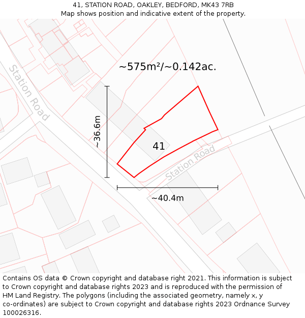 41, STATION ROAD, OAKLEY, BEDFORD, MK43 7RB: Plot and title map