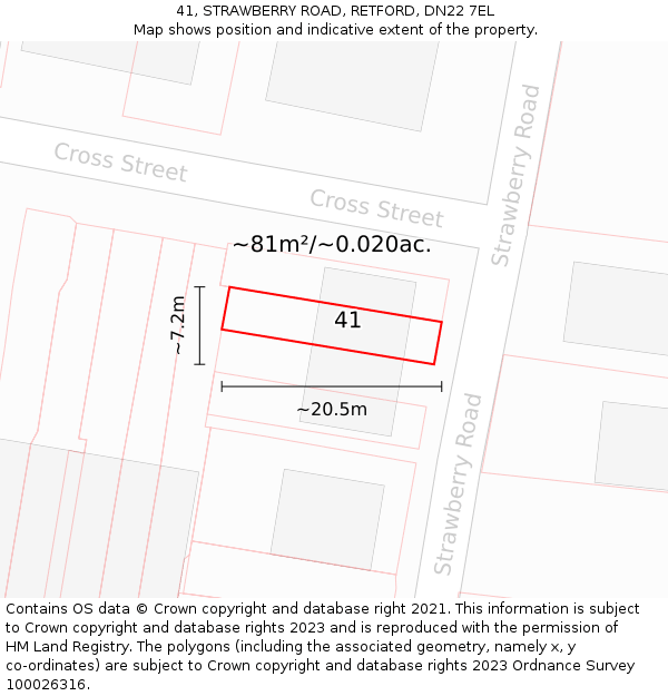 41, STRAWBERRY ROAD, RETFORD, DN22 7EL: Plot and title map