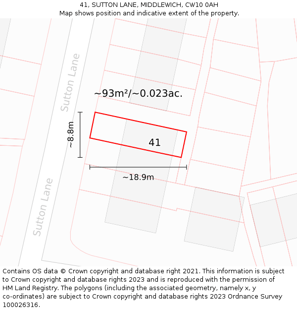 41, SUTTON LANE, MIDDLEWICH, CW10 0AH: Plot and title map