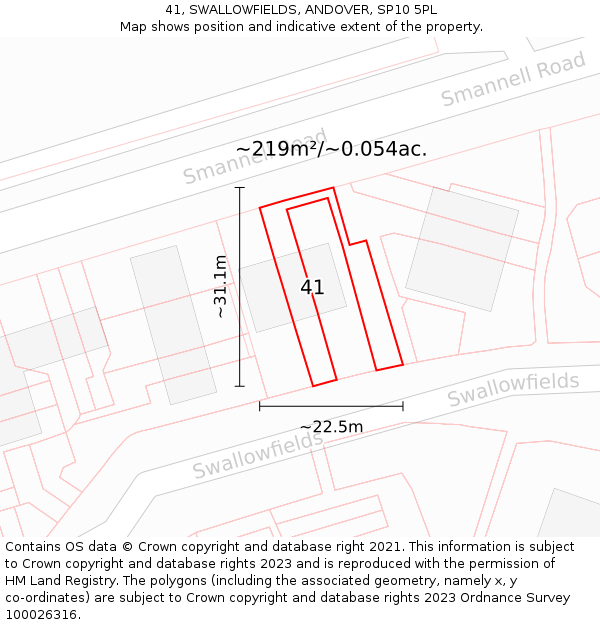 41, SWALLOWFIELDS, ANDOVER, SP10 5PL: Plot and title map