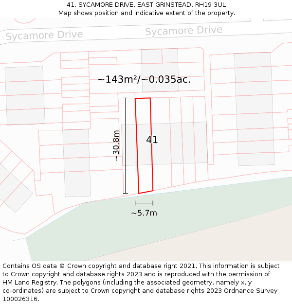 41, SYCAMORE DRIVE, EAST GRINSTEAD, RH19 3UL: Plot and title map