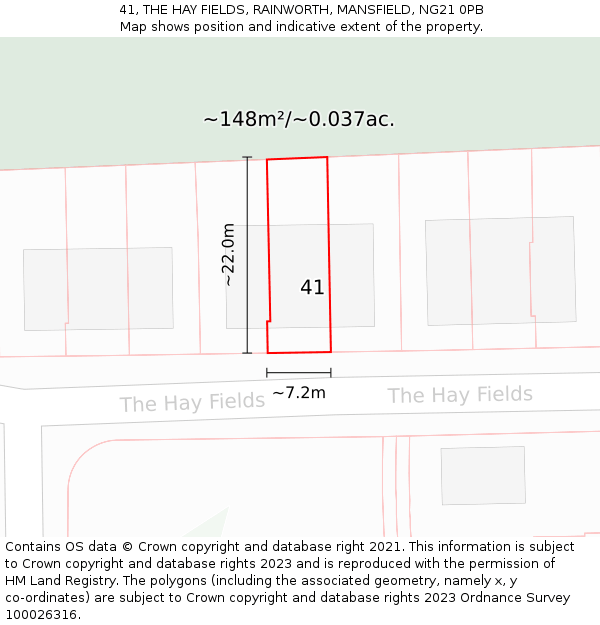 41, THE HAY FIELDS, RAINWORTH, MANSFIELD, NG21 0PB: Plot and title map
