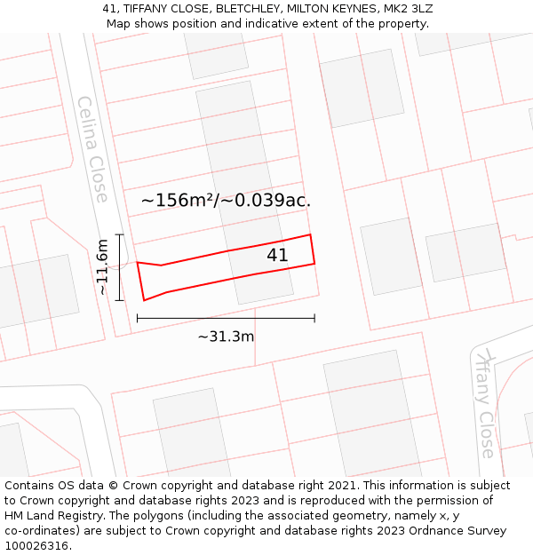41, TIFFANY CLOSE, BLETCHLEY, MILTON KEYNES, MK2 3LZ: Plot and title map