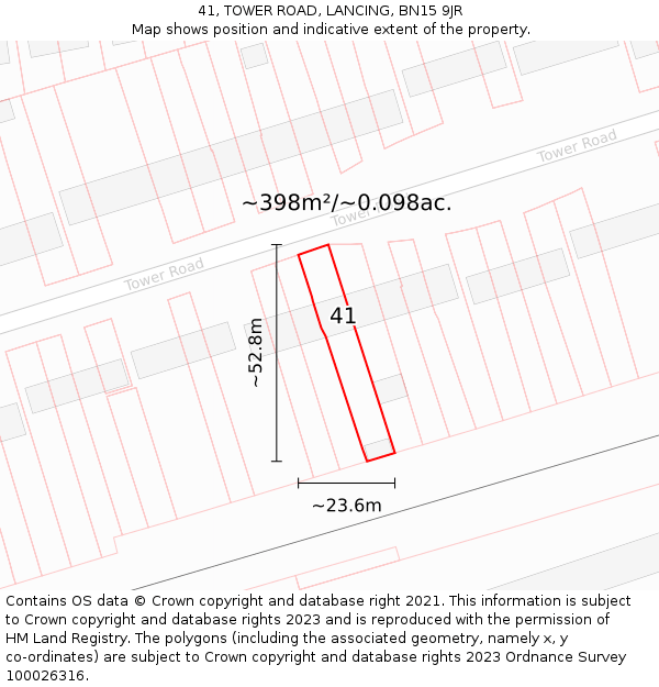 41, TOWER ROAD, LANCING, BN15 9JR: Plot and title map
