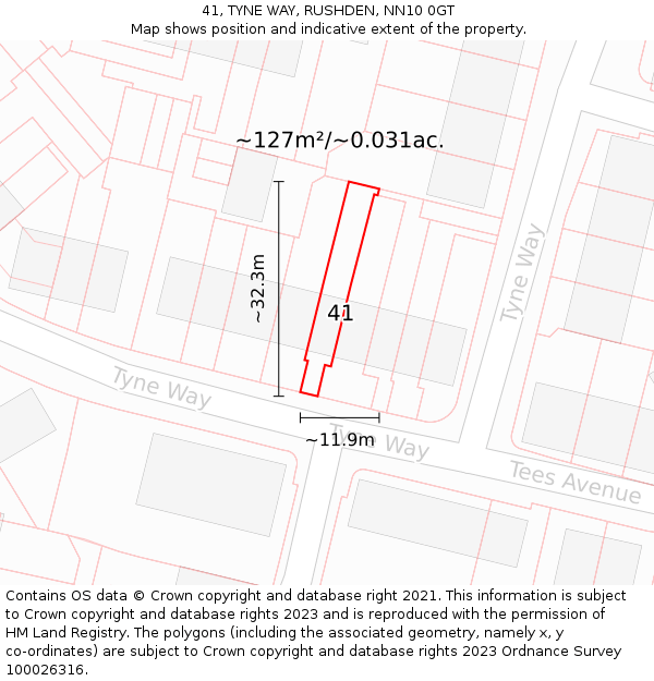 41, TYNE WAY, RUSHDEN, NN10 0GT: Plot and title map