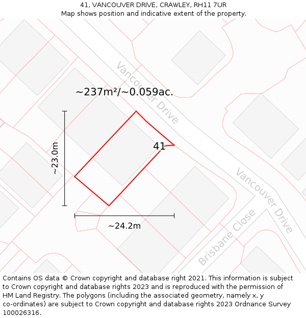 41, VANCOUVER DRIVE, CRAWLEY, RH11 7UR: Plot and title map