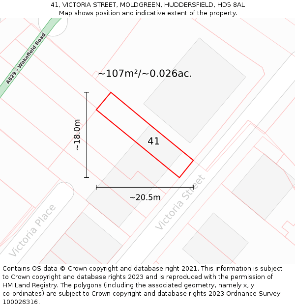 41, VICTORIA STREET, MOLDGREEN, HUDDERSFIELD, HD5 8AL: Plot and title map