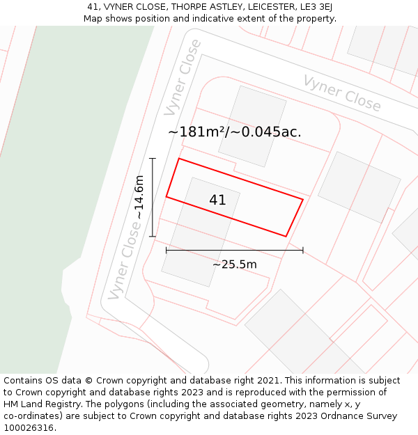 41, VYNER CLOSE, THORPE ASTLEY, LEICESTER, LE3 3EJ: Plot and title map