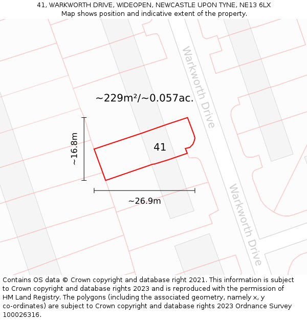 41, WARKWORTH DRIVE, WIDEOPEN, NEWCASTLE UPON TYNE, NE13 6LX: Plot and title map