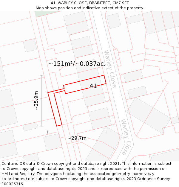 41, WARLEY CLOSE, BRAINTREE, CM7 9EE: Plot and title map