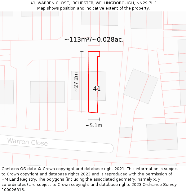 41, WARREN CLOSE, IRCHESTER, WELLINGBOROUGH, NN29 7HF: Plot and title map