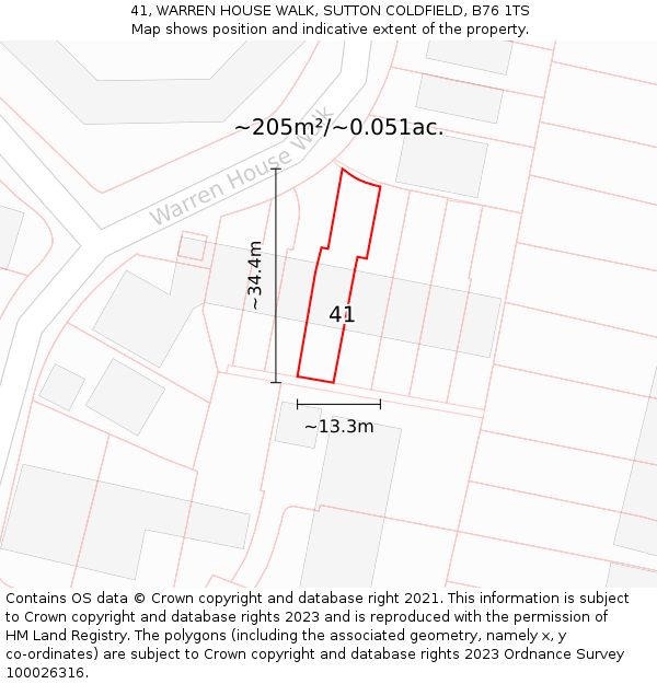 41, WARREN HOUSE WALK, SUTTON COLDFIELD, B76 1TS: Plot and title map