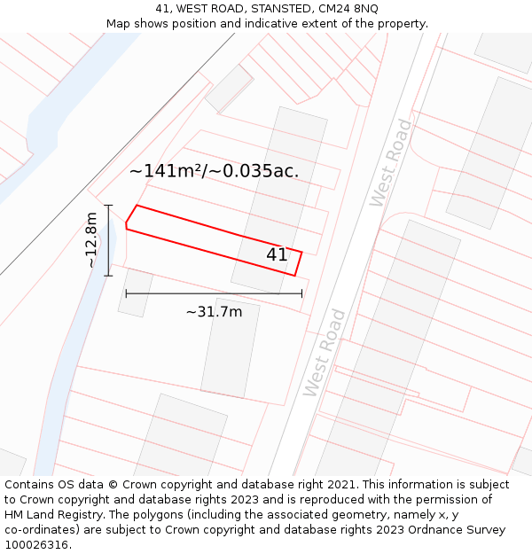 41, WEST ROAD, STANSTED, CM24 8NQ: Plot and title map