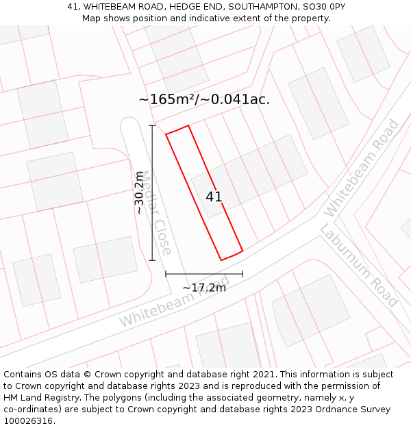 41, WHITEBEAM ROAD, HEDGE END, SOUTHAMPTON, SO30 0PY: Plot and title map