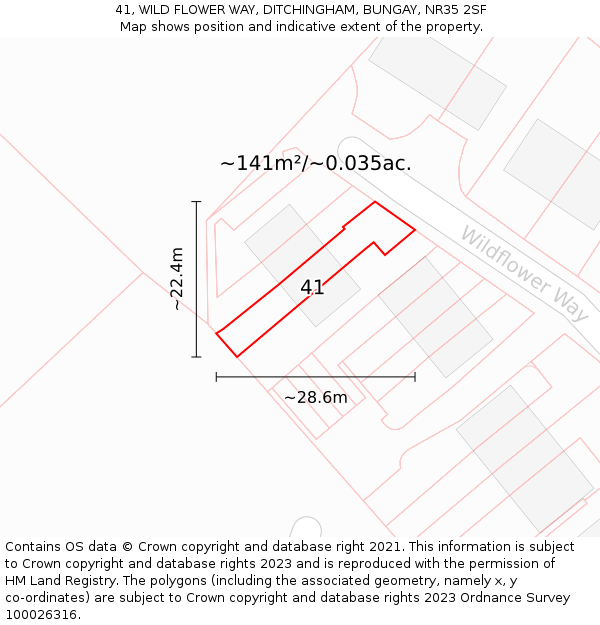 41, WILD FLOWER WAY, DITCHINGHAM, BUNGAY, NR35 2SF: Plot and title map