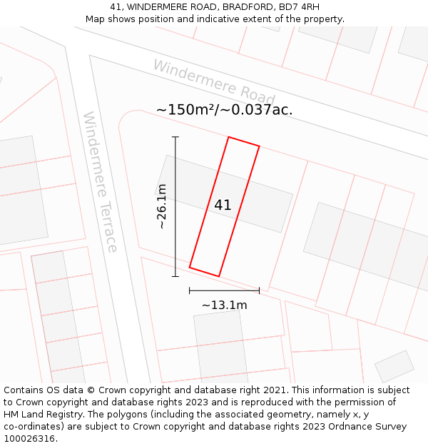 41, WINDERMERE ROAD, BRADFORD, BD7 4RH: Plot and title map