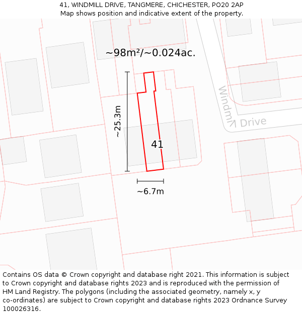 41, WINDMILL DRIVE, TANGMERE, CHICHESTER, PO20 2AP: Plot and title map