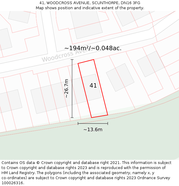 41, WOODCROSS AVENUE, SCUNTHORPE, DN16 3FG: Plot and title map
