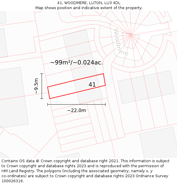 41, WOODMERE, LUTON, LU3 4DL: Plot and title map