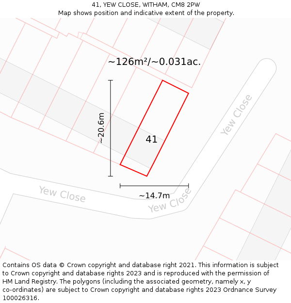 41, YEW CLOSE, WITHAM, CM8 2PW: Plot and title map