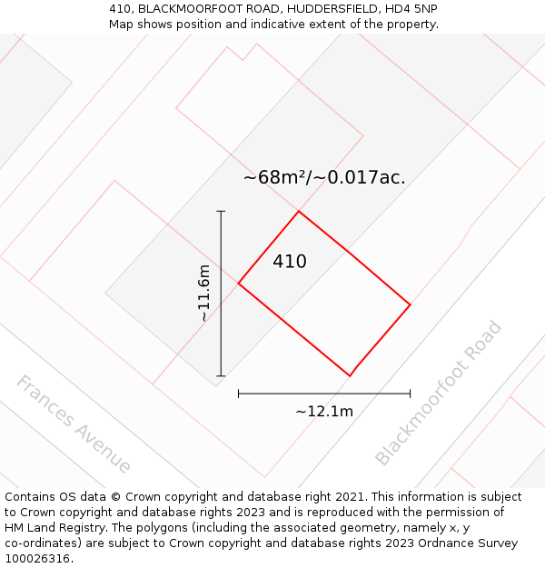 410, BLACKMOORFOOT ROAD, HUDDERSFIELD, HD4 5NP: Plot and title map