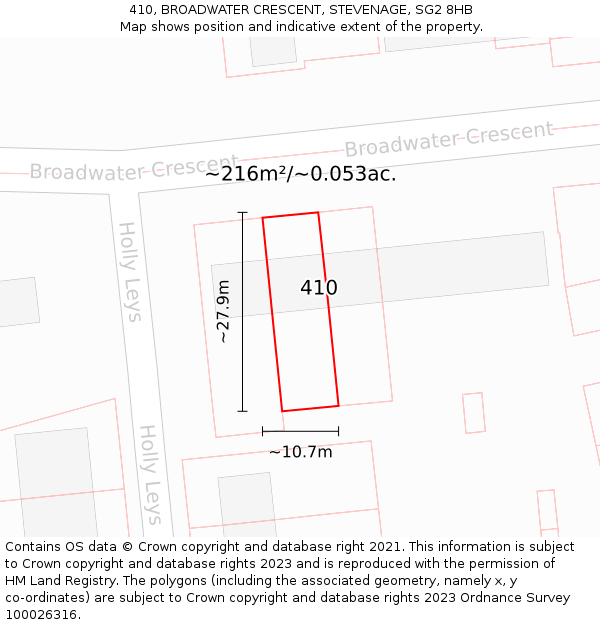 410, BROADWATER CRESCENT, STEVENAGE, SG2 8HB: Plot and title map