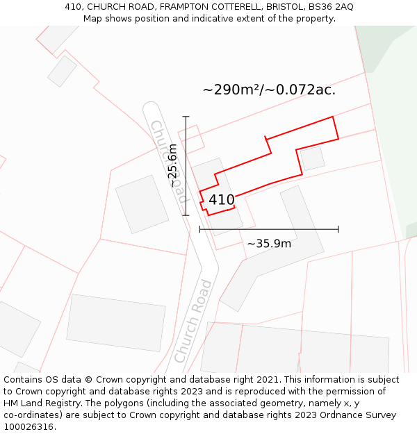 410, CHURCH ROAD, FRAMPTON COTTERELL, BRISTOL, BS36 2AQ: Plot and title map