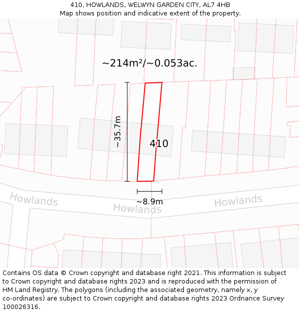 410, HOWLANDS, WELWYN GARDEN CITY, AL7 4HB: Plot and title map