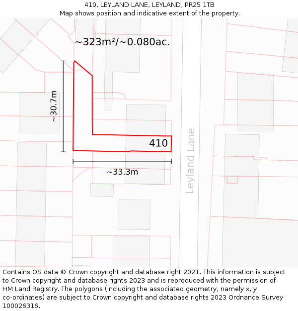 410, LEYLAND LANE, LEYLAND, PR25 1TB: Plot and title map