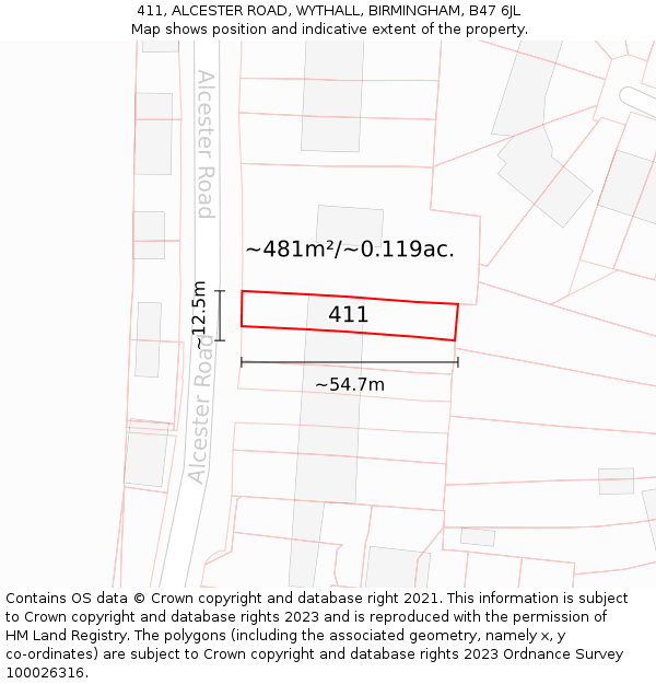 411, ALCESTER ROAD, WYTHALL, BIRMINGHAM, B47 6JL: Plot and title map
