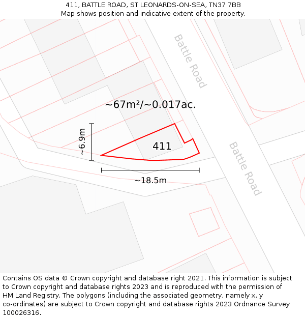 411, BATTLE ROAD, ST LEONARDS-ON-SEA, TN37 7BB: Plot and title map