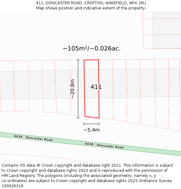 411, DONCASTER ROAD, CROFTON, WAKEFIELD, WF4 1RU: Plot and title map