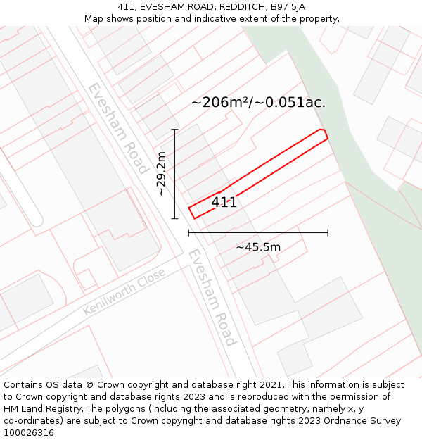 411, EVESHAM ROAD, REDDITCH, B97 5JA: Plot and title map