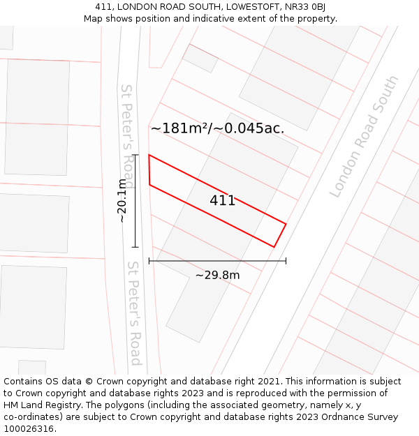 411, LONDON ROAD SOUTH, LOWESTOFT, NR33 0BJ: Plot and title map