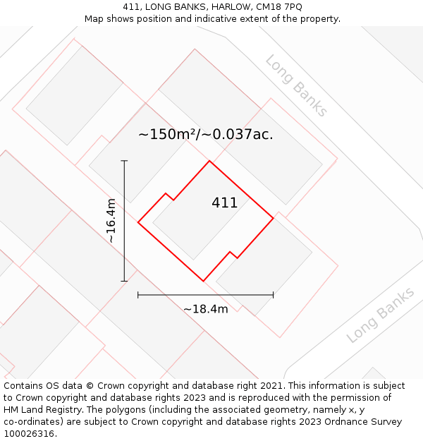 411, LONG BANKS, HARLOW, CM18 7PQ: Plot and title map