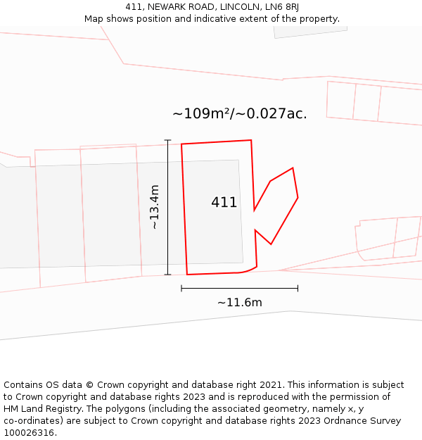 411, NEWARK ROAD, LINCOLN, LN6 8RJ: Plot and title map