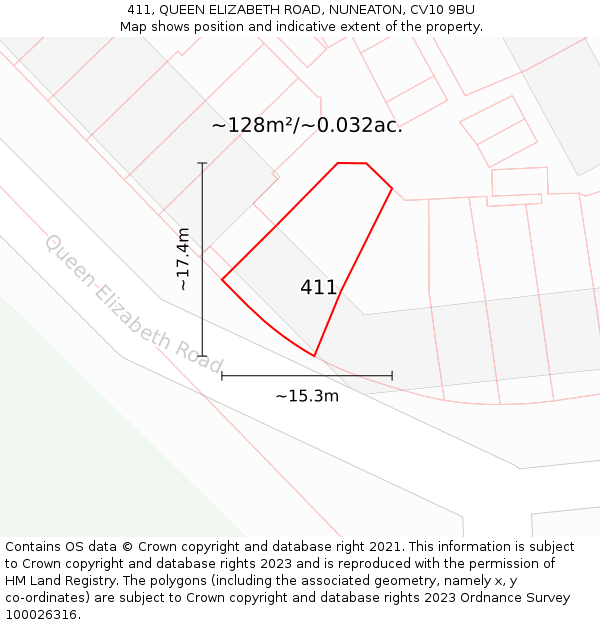411, QUEEN ELIZABETH ROAD, NUNEATON, CV10 9BU: Plot and title map