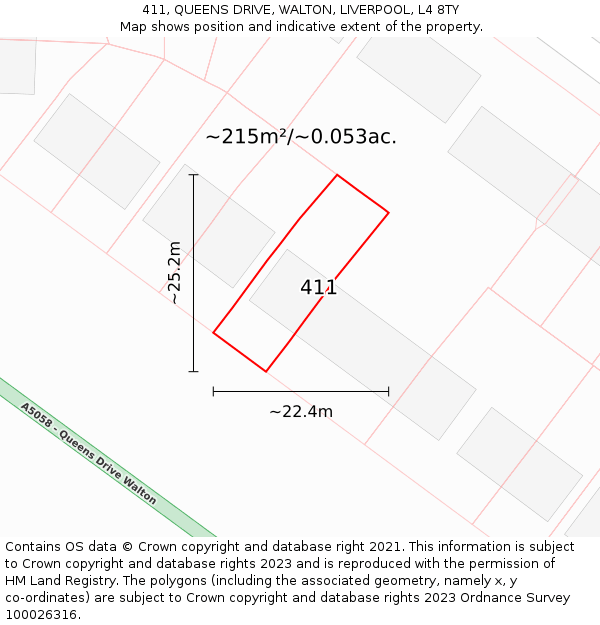 411, QUEENS DRIVE, WALTON, LIVERPOOL, L4 8TY: Plot and title map