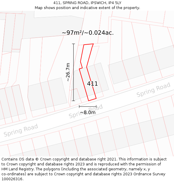 411, SPRING ROAD, IPSWICH, IP4 5LY: Plot and title map