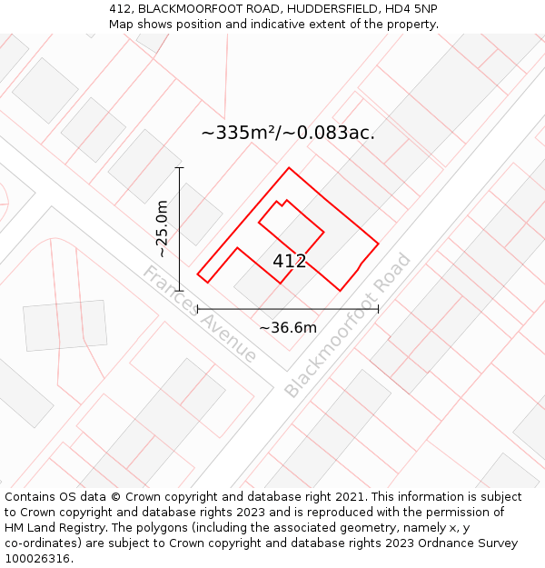 412, BLACKMOORFOOT ROAD, HUDDERSFIELD, HD4 5NP: Plot and title map