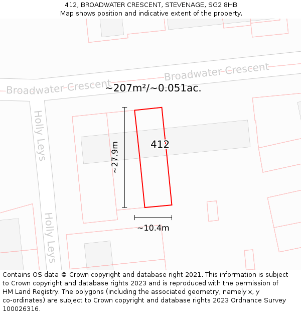 412, BROADWATER CRESCENT, STEVENAGE, SG2 8HB: Plot and title map