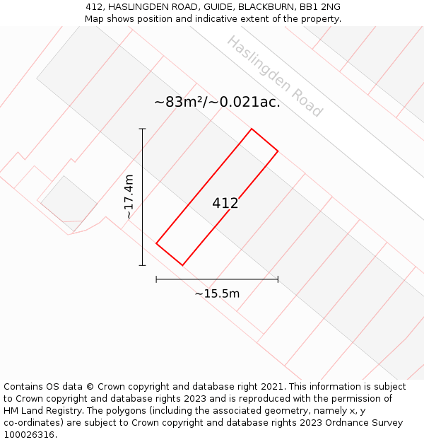412, HASLINGDEN ROAD, GUIDE, BLACKBURN, BB1 2NG: Plot and title map