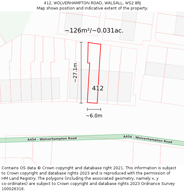412, WOLVERHAMPTON ROAD, WALSALL, WS2 8RJ: Plot and title map